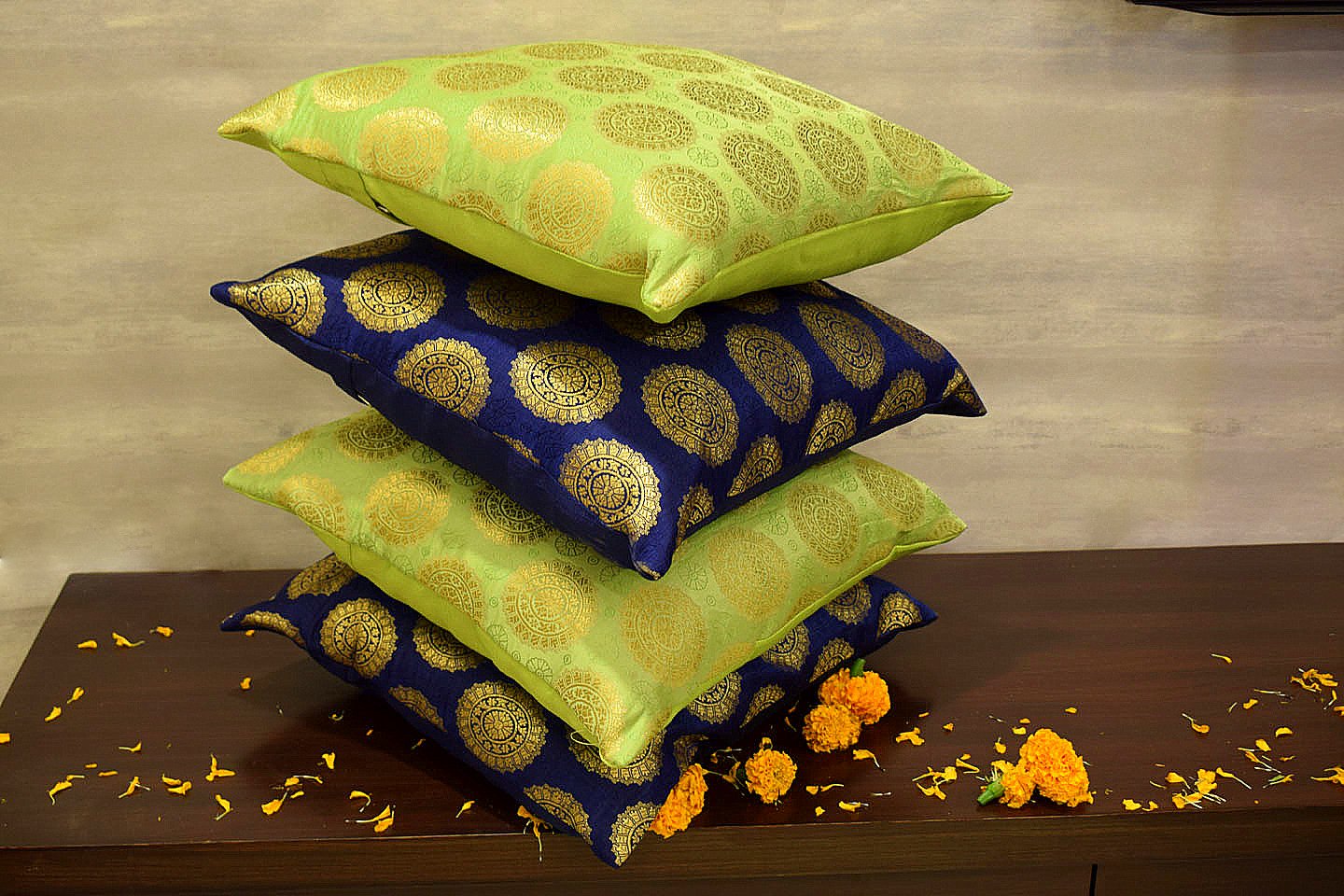 Mandala Brocade Silk Cushion Covers Combo (Blue & Green) - Image 2