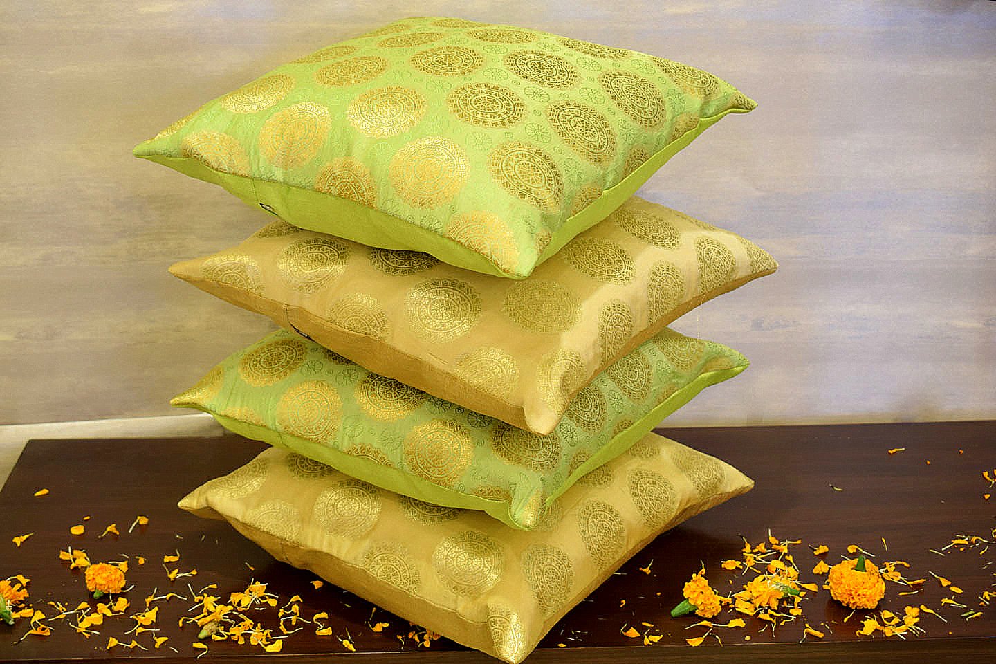 Mandala Brocade Silk Cushion Covers Combo (Green & Beige) - Image 2