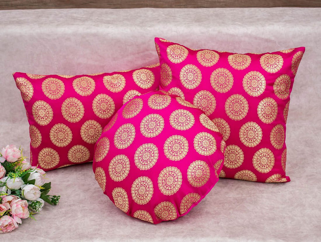 Mandala Brocade Silk Rectangular Cushion Covers (Magenta & Golden) - Image 2