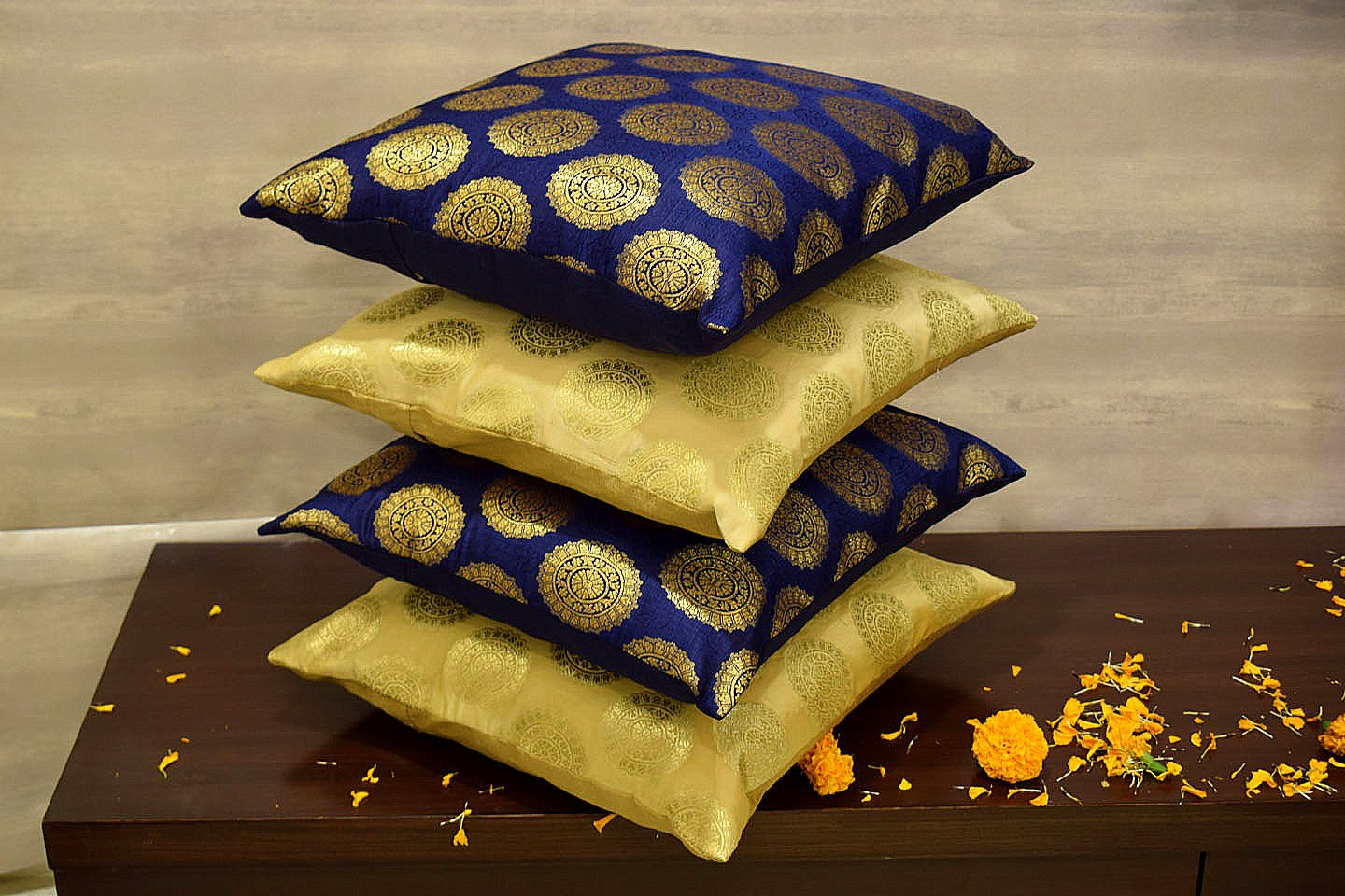 Mandala Brocade Silk Cushion Covers Combo (Blue & Beige) - Image 2
