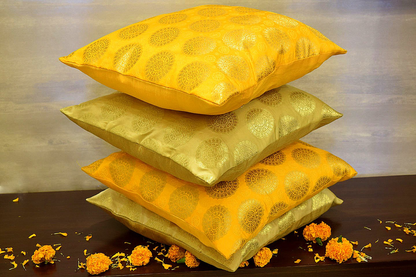 Mandala Brocade Silk Cushion Covers Combo (Beige & Yellow) - Image 2