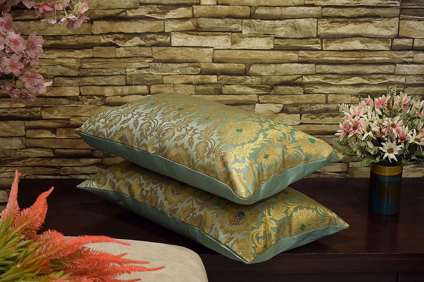 MUGHAL BANARASI Brocade Long Rectangular Cushion Covers (Sage Green & Golden) - Image 2