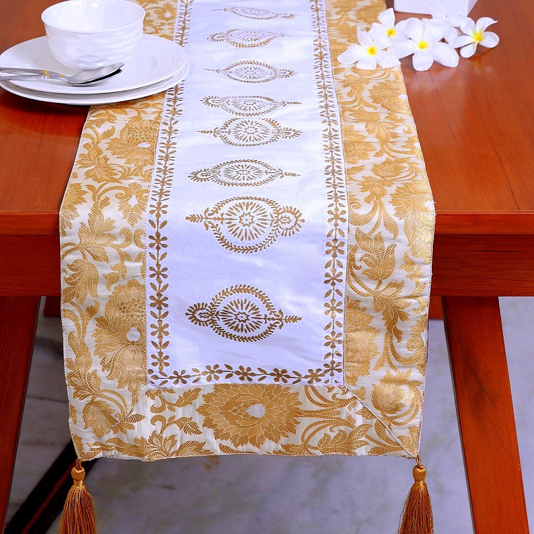 Mughal Banarasi Gardish Block Printed Table Runner - White