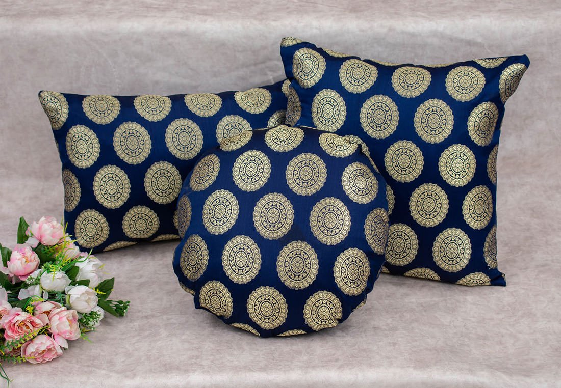 Mandala Brocade Silk Cushion Covers (Navy Blue & Golden) - Image 2