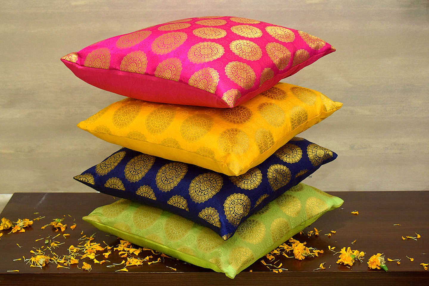 Mandala Brocade Silk Cushion Covers Combo Multi- 1 (Blue, Yellow, Magenta, Green) - Image 2