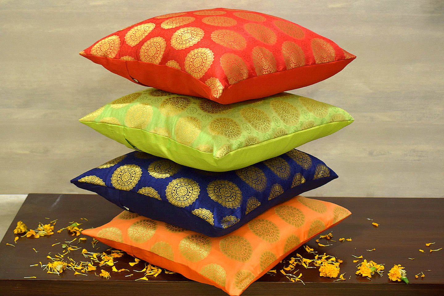 Mandala Brocade Silk Cushion Covers Combo Multi- 2 (Blue, Red, Orange, Green) - Image 2