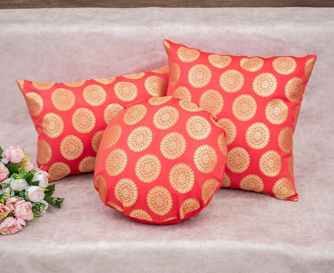 Mandala Brocade Silk Cushion Covers (Peach & Golden) - Image 2