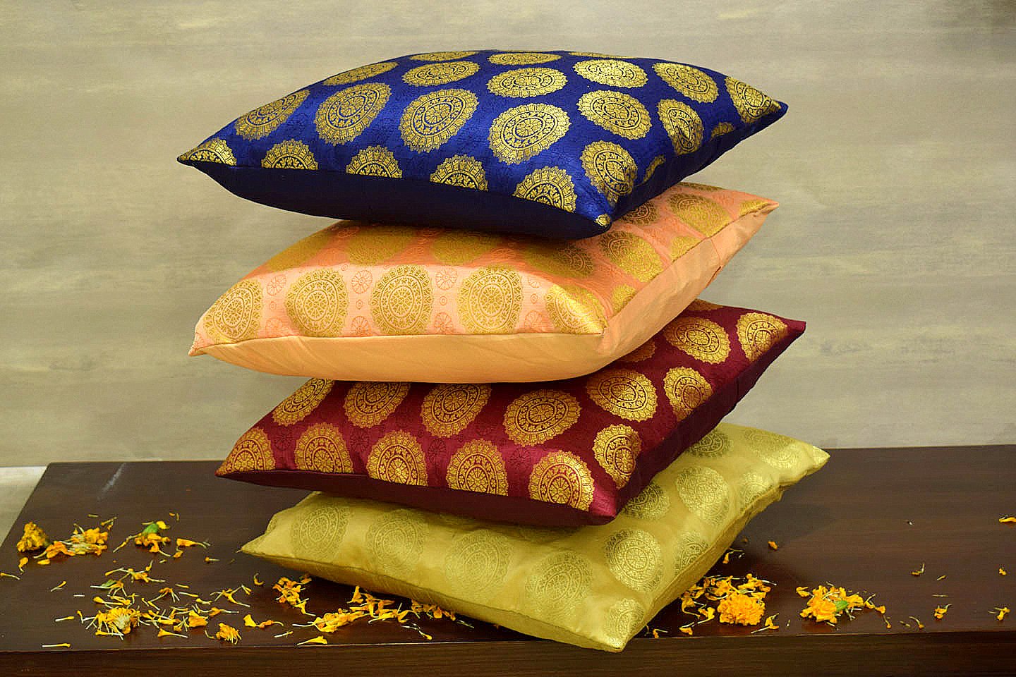 Mandala Brocade Silk Cushion Covers Combo Multi- 3 (Blue, Coral, Beige, Maroon) - Image 2