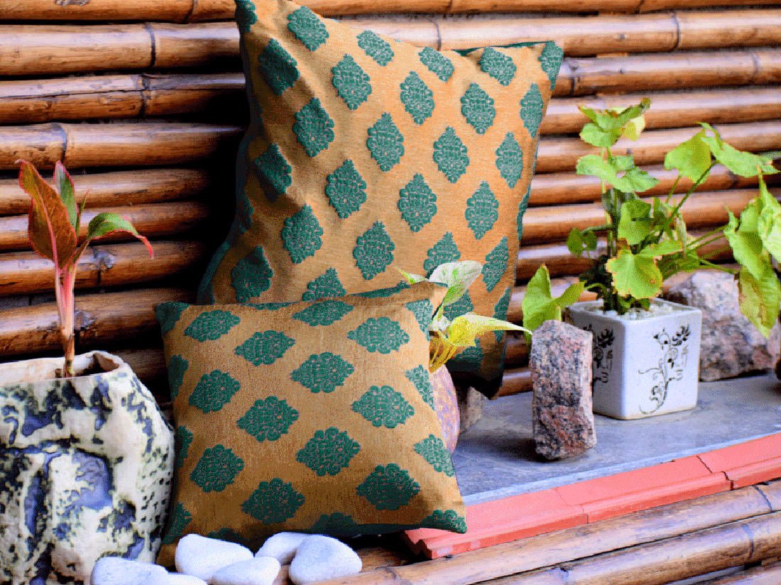Premium Quality Teal Green & Golden Brown Brocade Embossed Design Cushion Covers - Image 2
