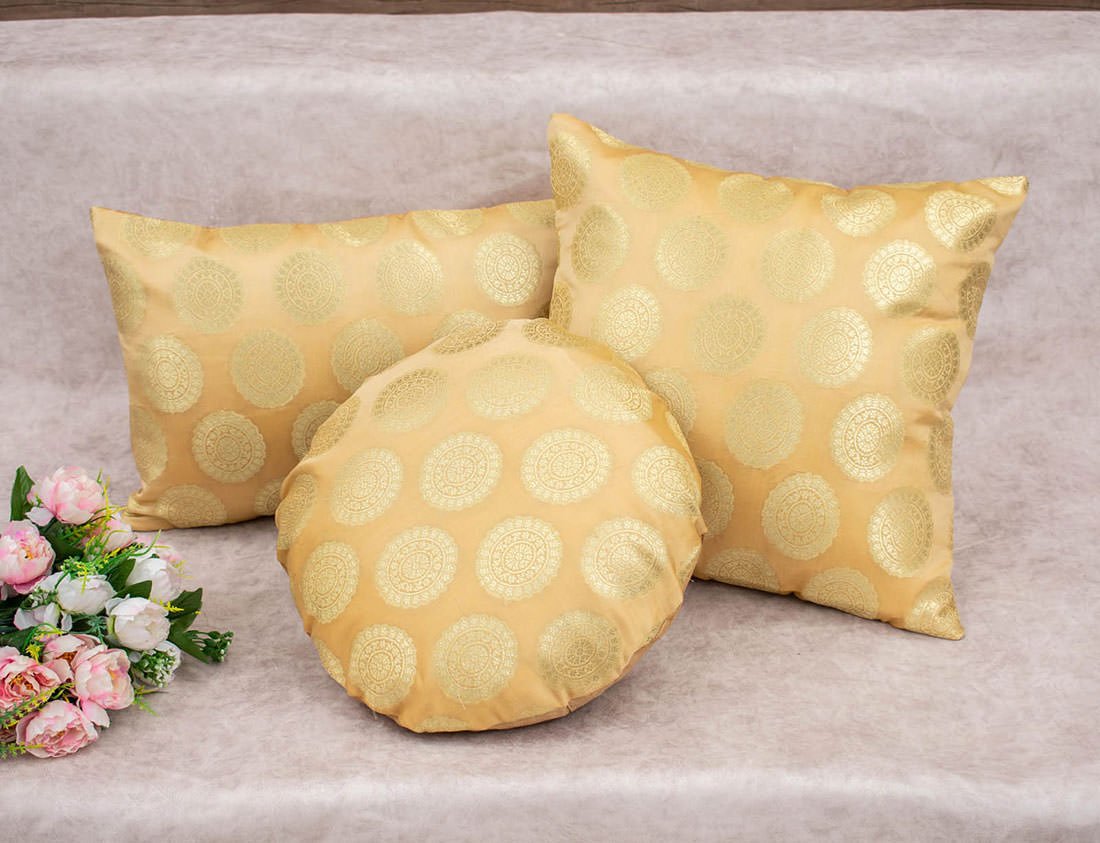 Mandala Brocade Silk Cushion Covers (Beige & Golden) - Image 2