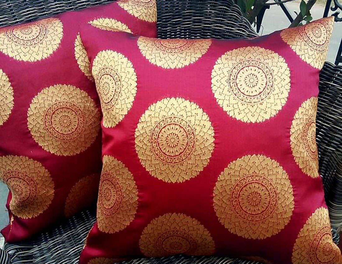 Premium Quality Maroon & Golden Designer Circle Brocade Cushion Covers - Image 2
