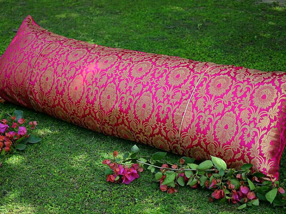 Extra Long Buogainvillea Pink & Golden Mughal Banarasi Brocade Pillow Cover With Filler - Image 2