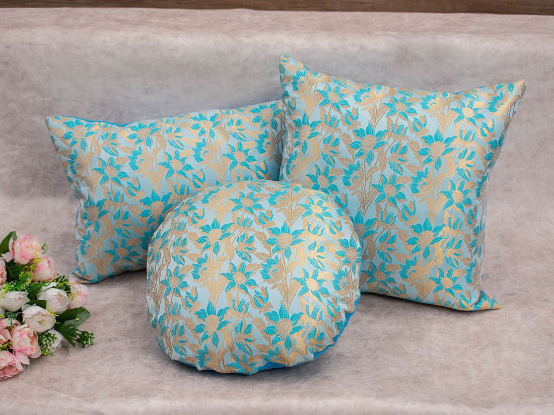 Sky Blue Bageecha Floral Brocade Silk Cushion Covers - Image 2