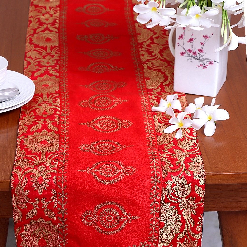 Mughal Banarasi Gardish Block Printed Table Runner - Red - Image 2