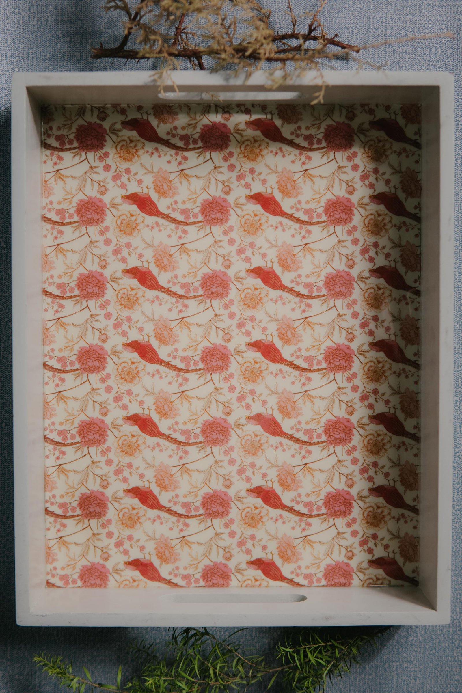 Wooden Artistic Zinnia Floral Pearl White Serving Trays (Set of 2) - Image 2