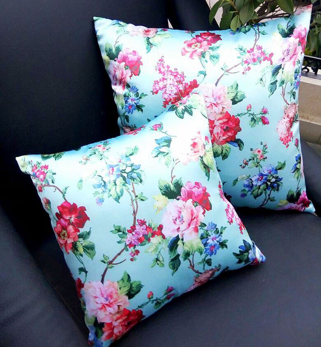 Go Floral Pastel Green Satin Silk Floral Design Cushion Covers/ Throw pillow covers - Image 2