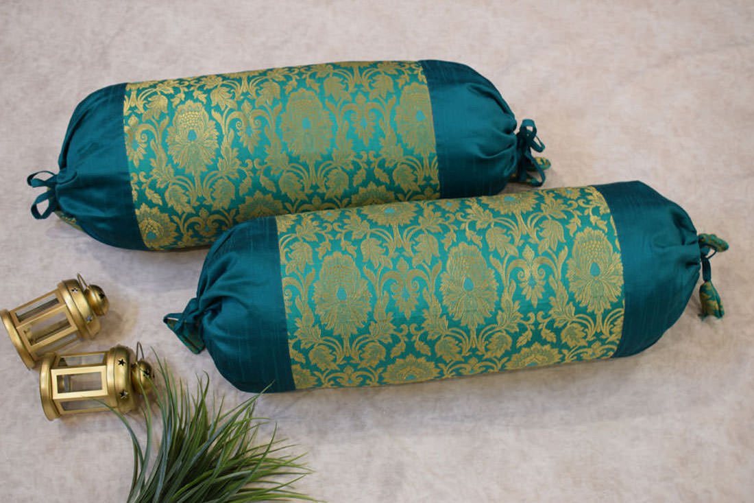 5 Piece Pure Brocade Turquoise Green & Golden Classic MUGHAL BANARASI Design Diwan Set Combo - Image 2