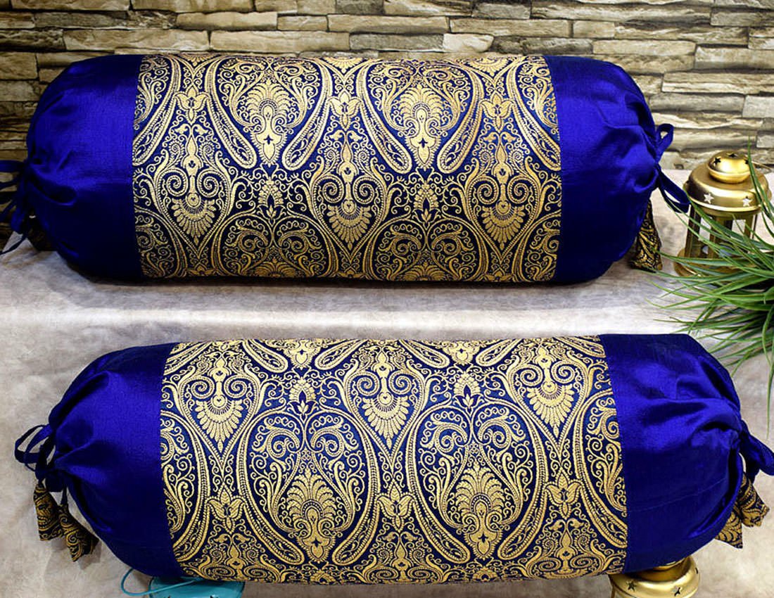 Exuberant & Luxurious 5 Piece Pure Brocade Golden & Blue Classic Jamawar Design Diwan Set - Image 2