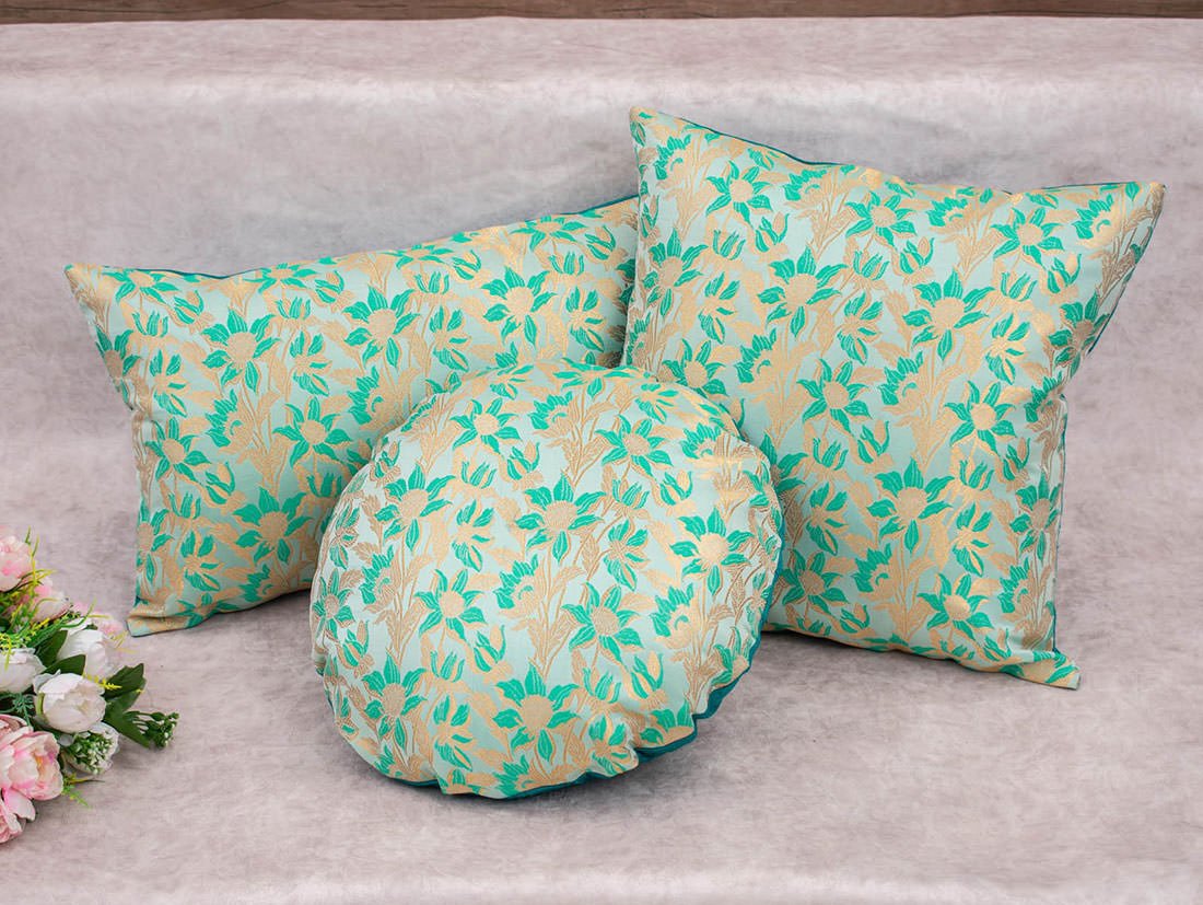 Sea Green Bageecha Floral Brocade Silk Cushion Covers - Image 2
