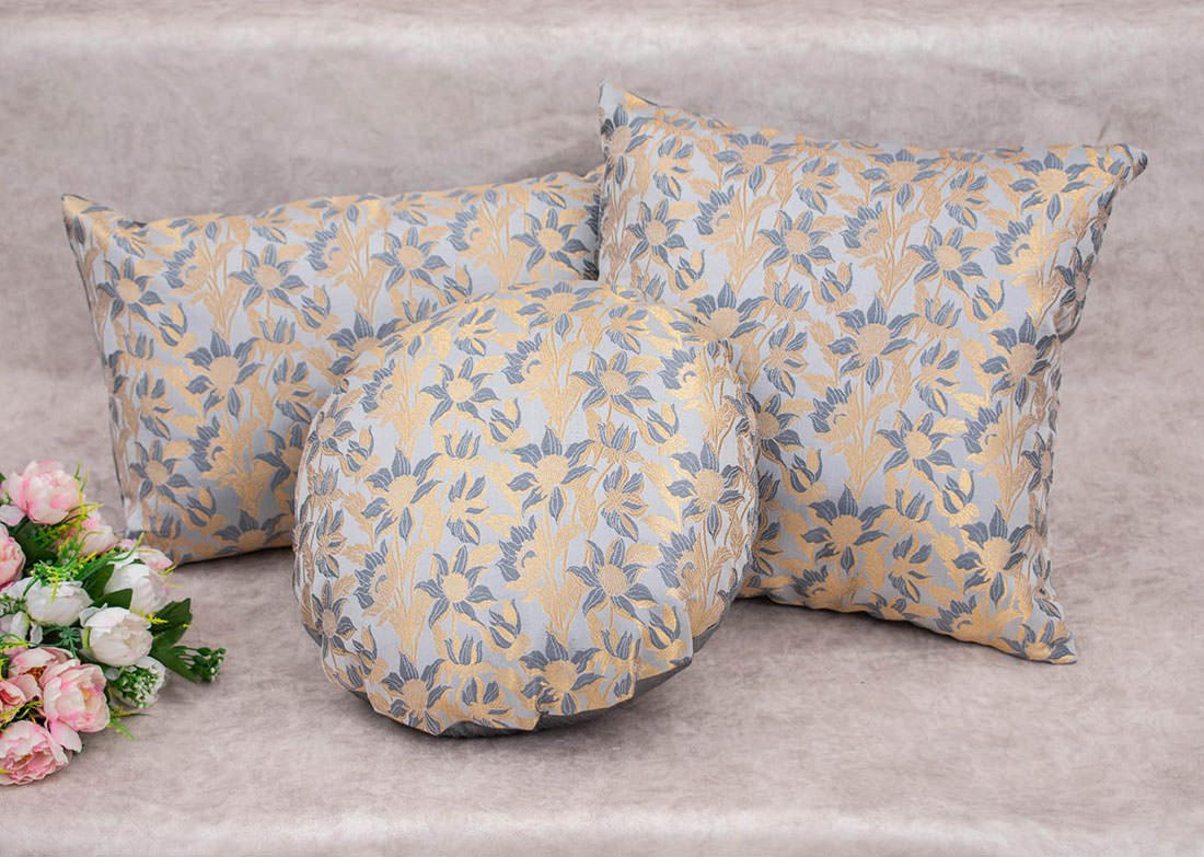 Grey Bageecha Floral Brocade Silk Rectangular Cushion Covers - Image 3