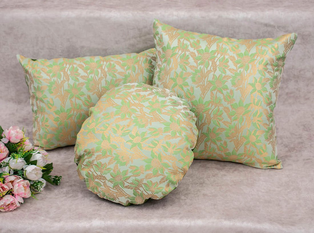 Sage Green Bageecha Floral Brocade Silk Rectangular Cushion Covers - Image 2