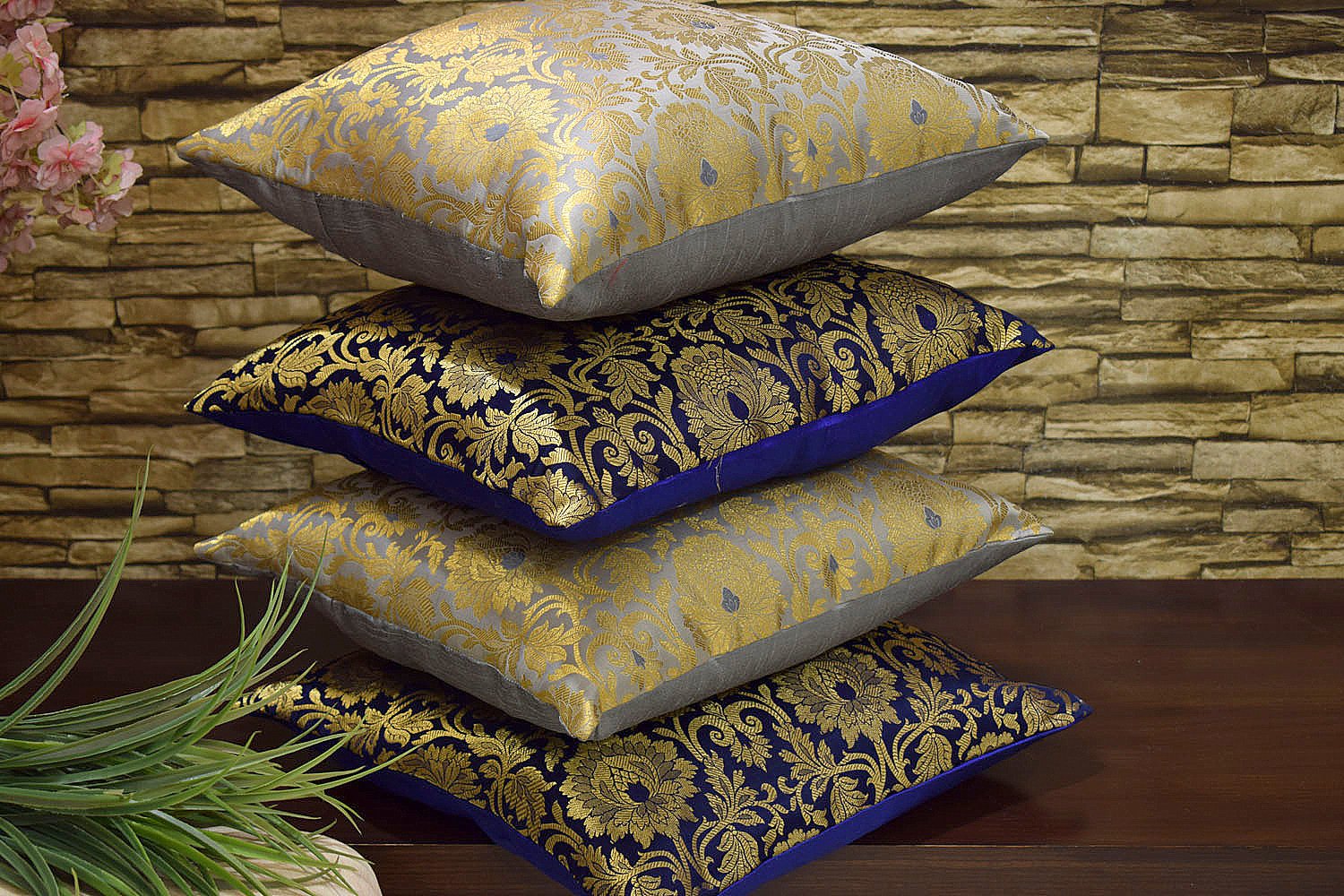 MUGHAL BANARASI Brocade Cushion Covers Combo (Blue & Grey) - Image 2