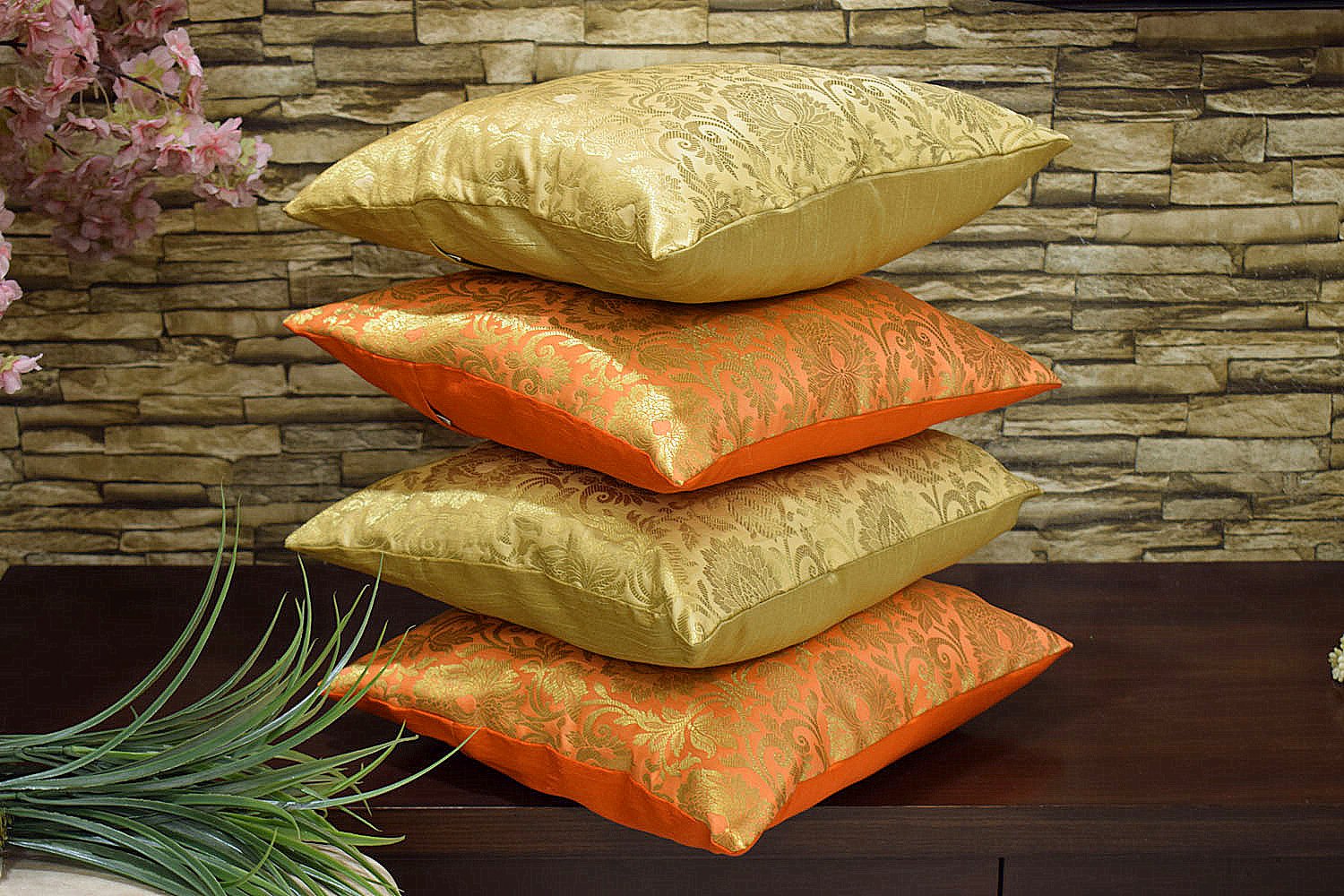 MUGHAL BANARASI Brocade Cushion Covers Combo (Marigold & Orange) - Image 2