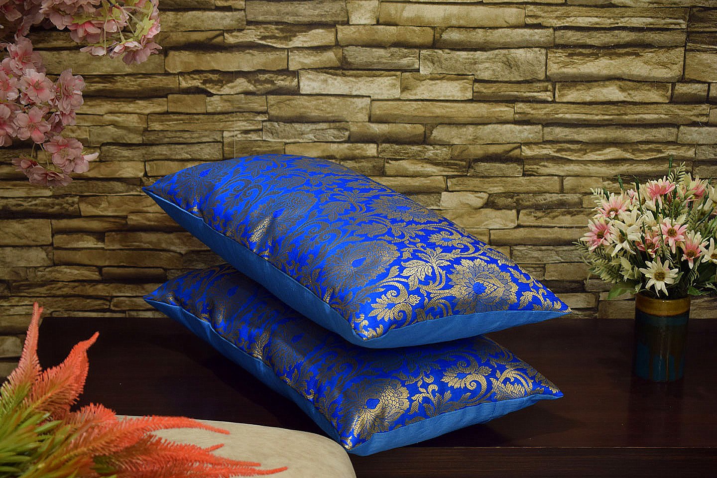 MUGHAL BANARASI Brocade Long Rectangular Cushion Covers (Firozi & Golden) - Image 2