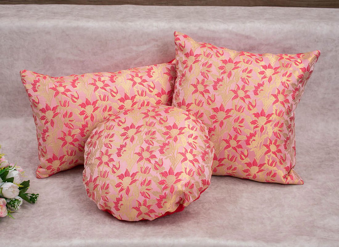 Coral Bageecha Floral Brocade Silk Rectangular Cushion Covers - Image 2
