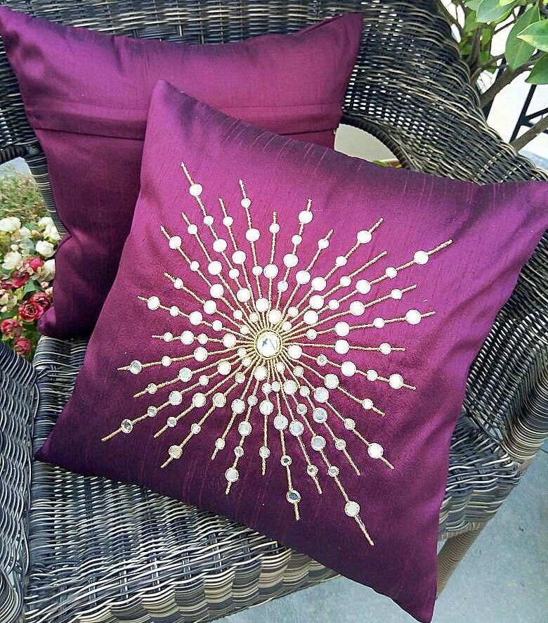 Hand Embroidered Big Bang Sparkling Rays Mirror Work Royal Wine Cushion Covers