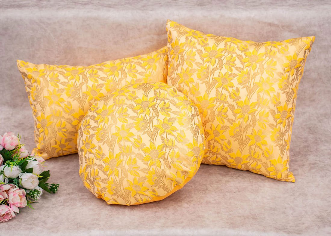 Yellow Bageecha Floral Brocade Silk Rectangular Cushion Covers - Image 2