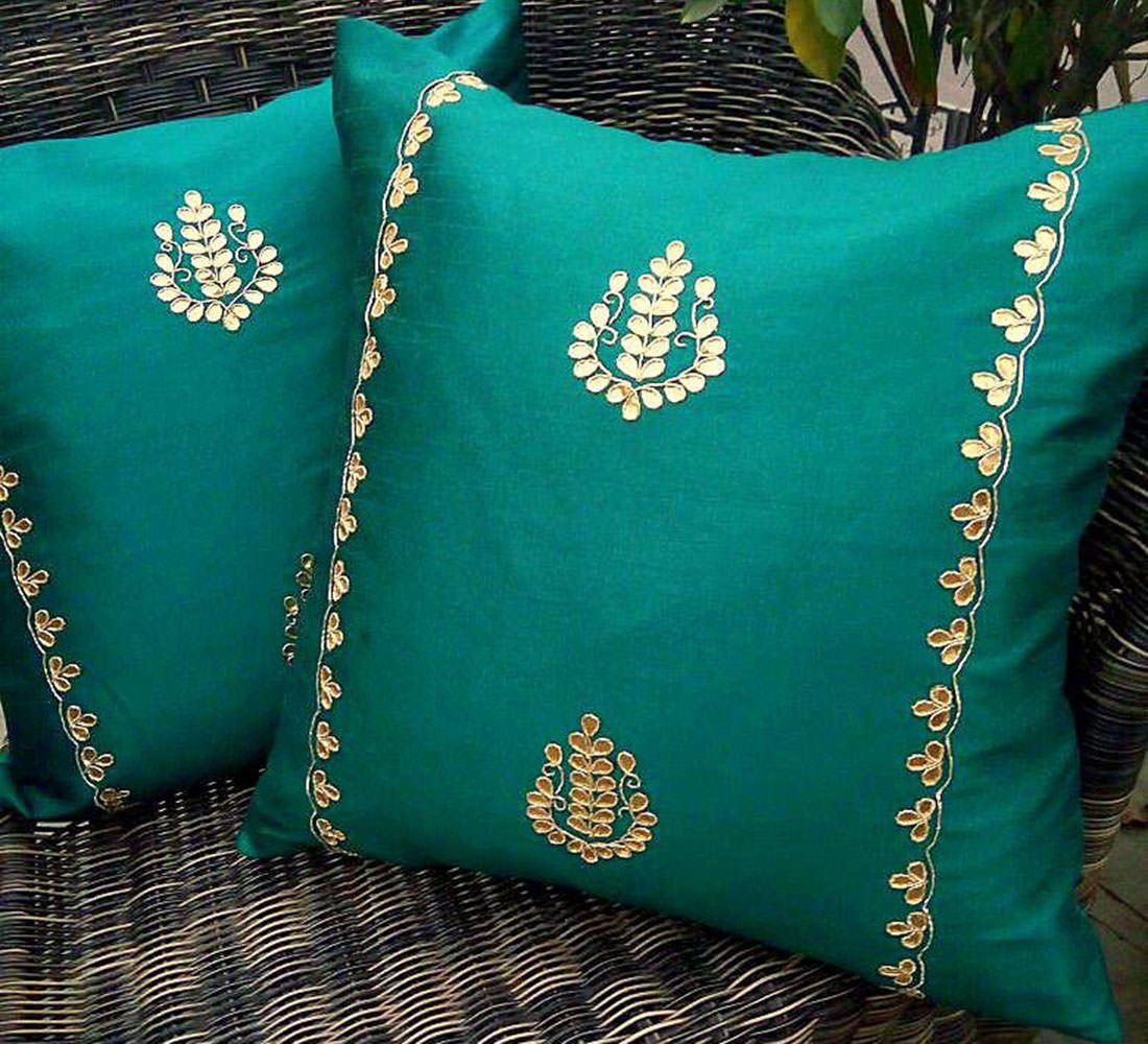 Hand Embroidered Gotta Patti Ethnic Cushion Covers on Peacock Green