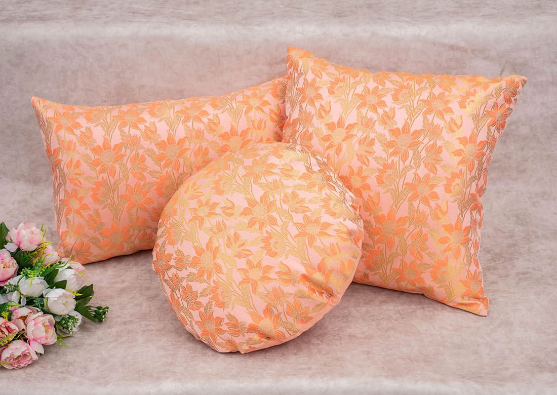Peach Bageecha Floral Brocade Silk Round Cushion Covers - Image 2