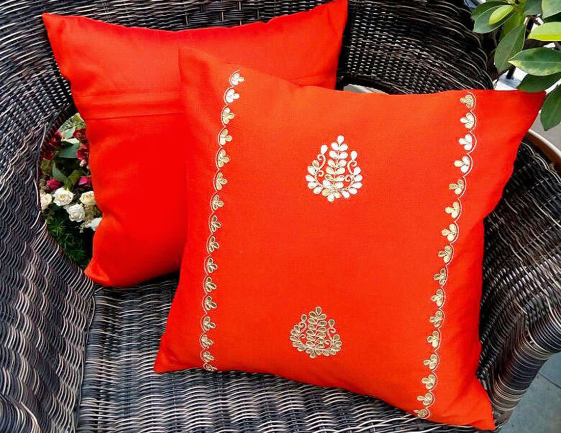 Hand Embroidered Gotta Patti Ethnic Cushion Covers on Flamboyant Orange