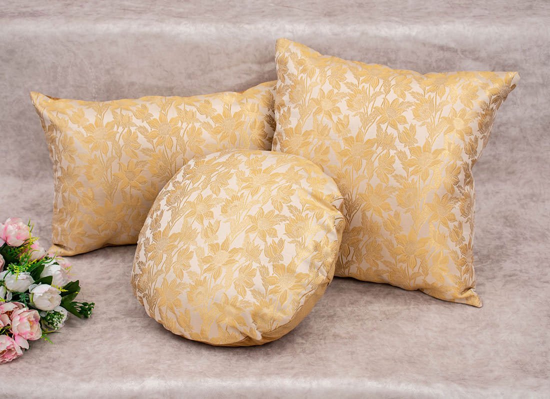 Beige Bageecha Floral Brocade Silk Round Cushion Covers - Image 2