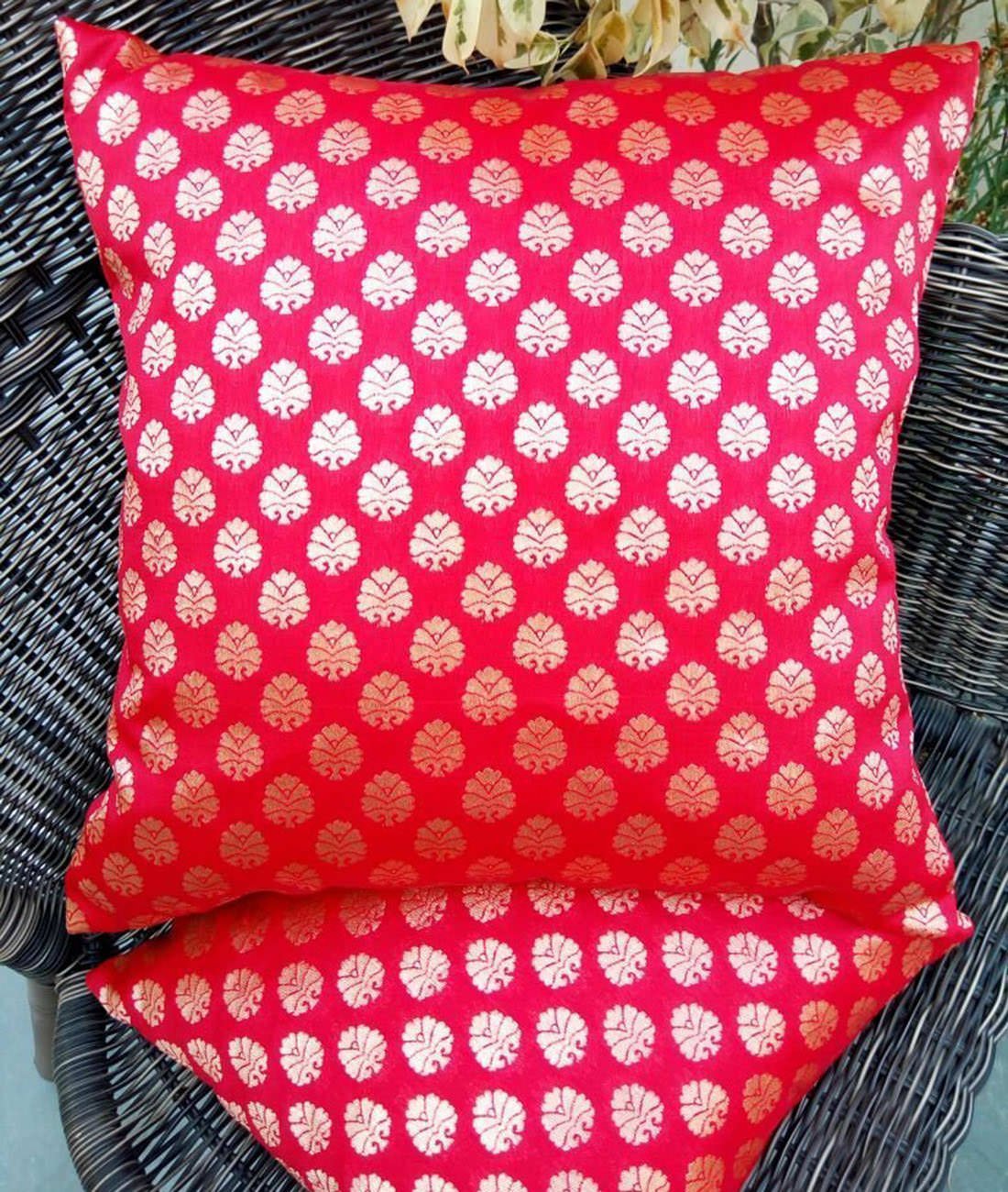 Premium Quality Flamboyant Red & Golden Brocade Cushion Covers - Image 4