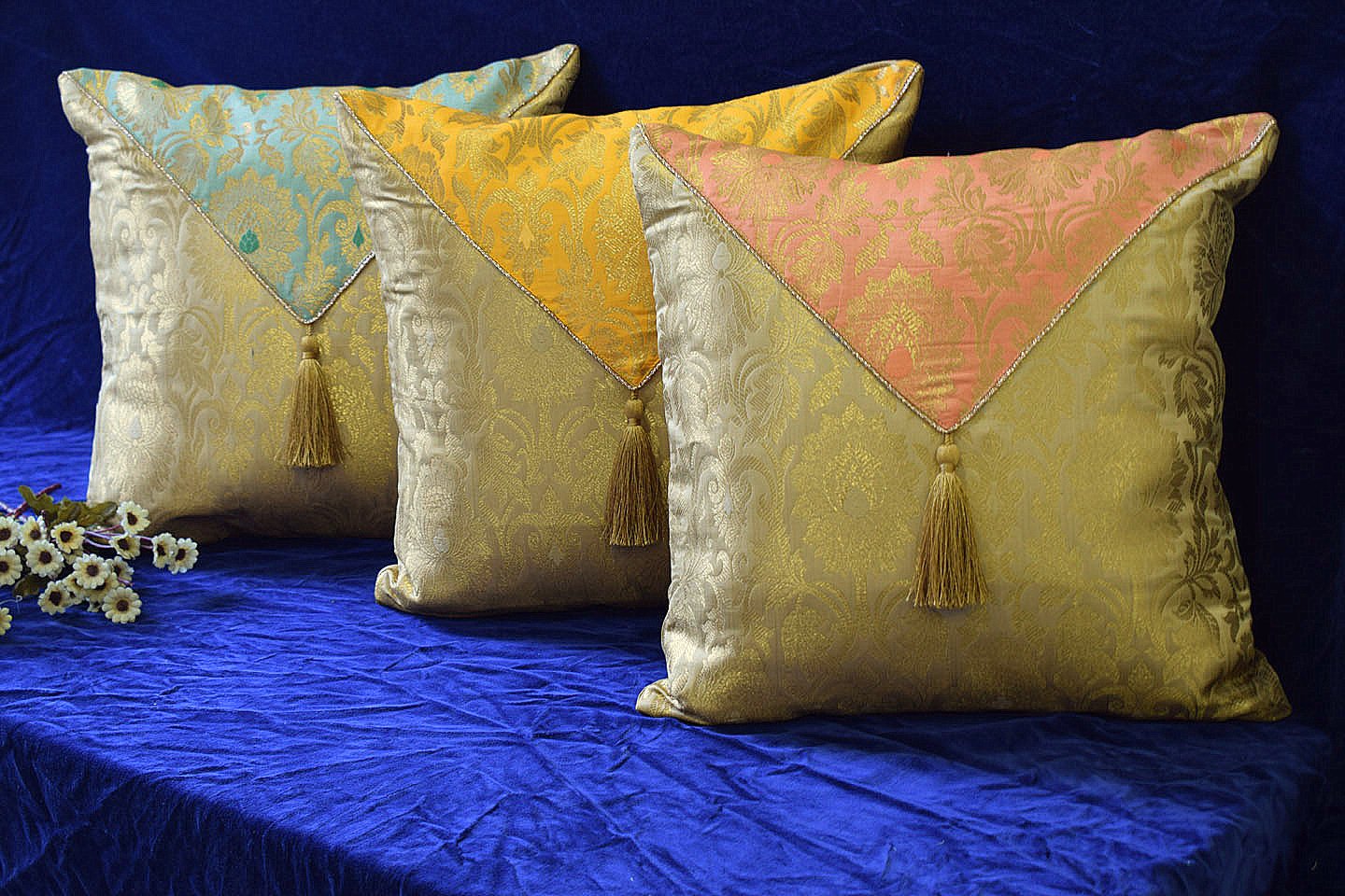 Jashan-E-Mehrang Cushion Covers Combo (Sage Green, Yellow, Peach) - Image 2