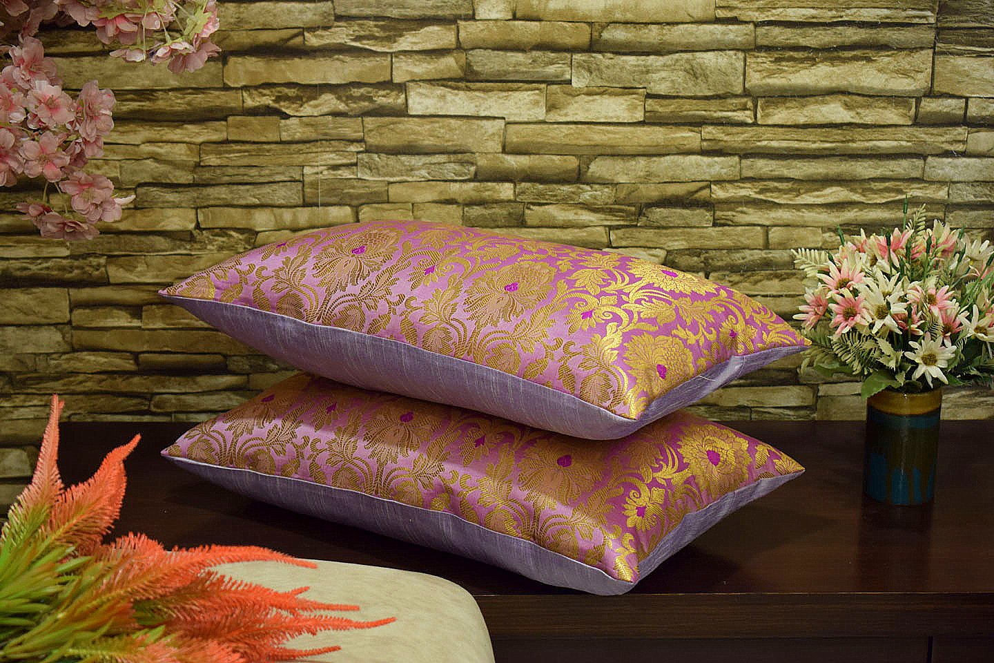 MUGHAL BANARASI Brocade Long Rectangular Cushion Covers (Lavender & Golden) - Image 2