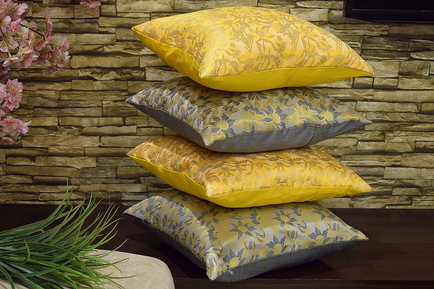 Bageecha Floral Brocade Silk Cushion Covers Combo (Yellow & Grey) - Image 2
