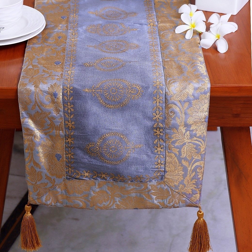 Mughal Banarasi Gardish Block Printed Table Runner - Grey - Image 2