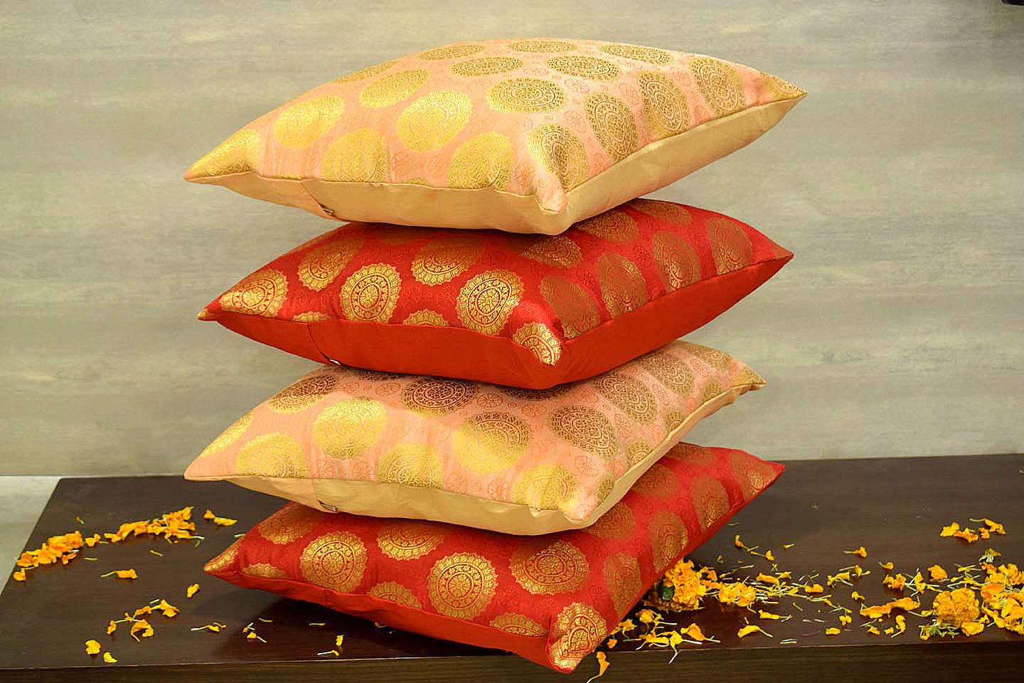 Mandala Brocade Silk Cushion Covers Combo (Red & Coral) - Image 2