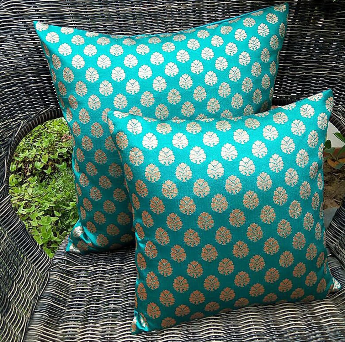 Premium Quality Teal Green & Golden Brocade Cushion Covers - Image 2