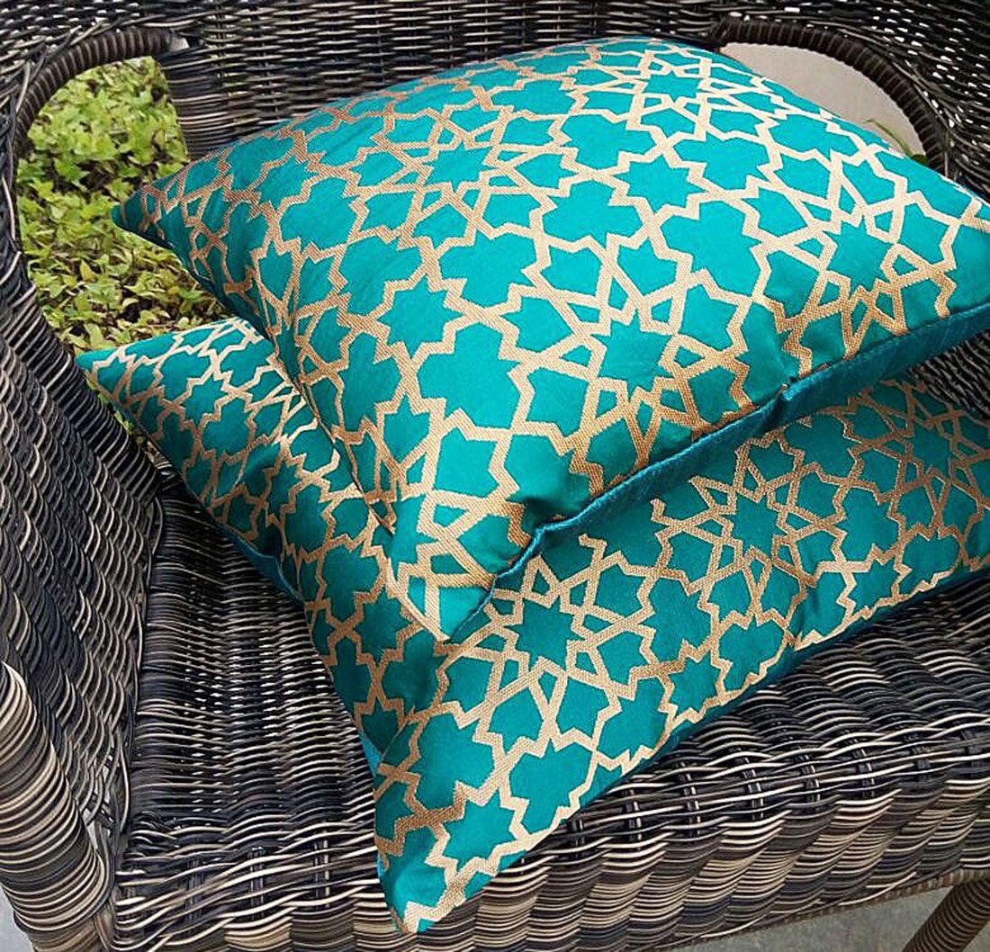 Premium Quality Teal Green & Golden Brocade Geometric Design Cushion Covers - Image 3