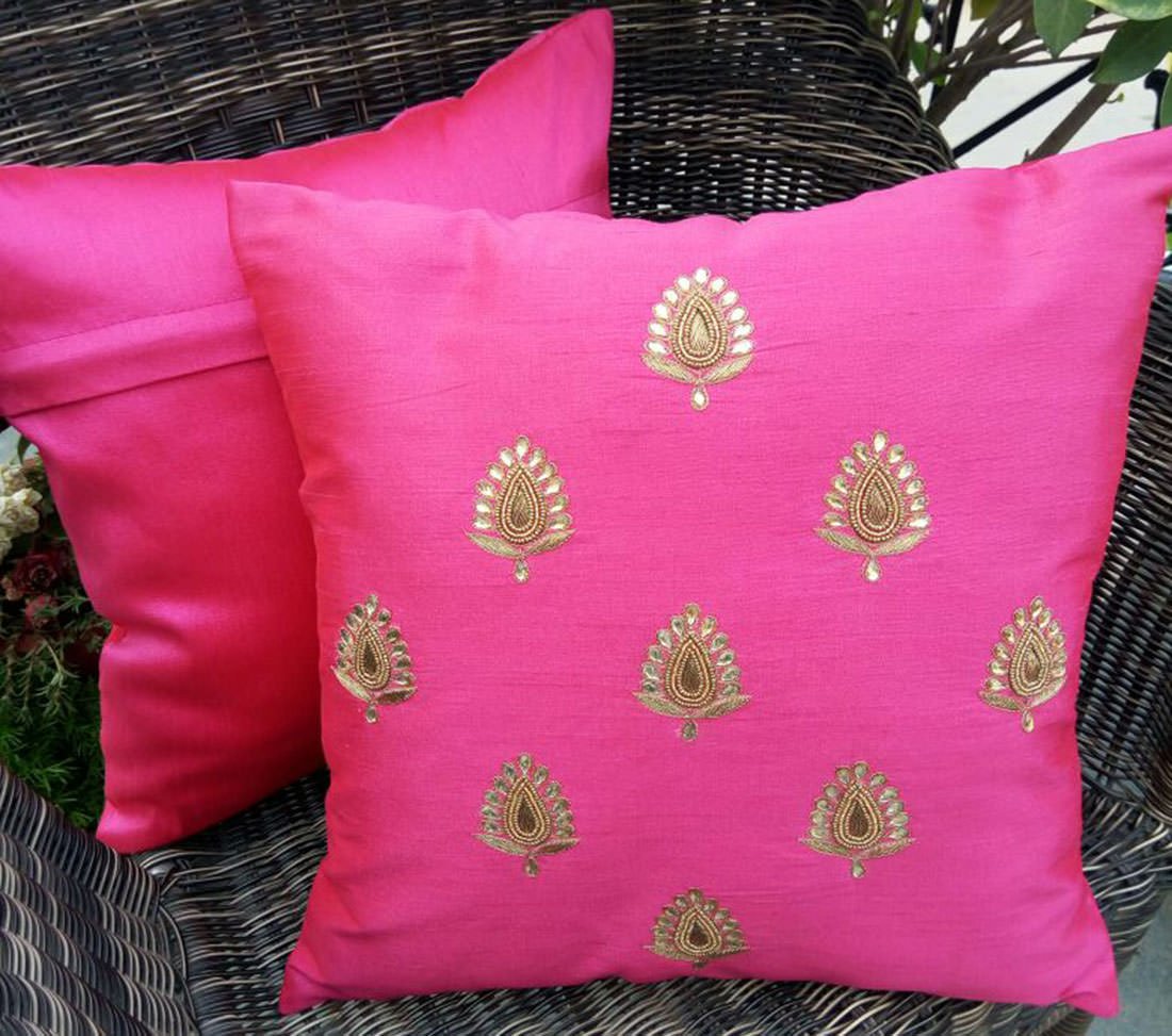 Swarn Paan Patti Beads, Kundan & Zari Hand Embroidery Magenta Cushion Covers - Image 2