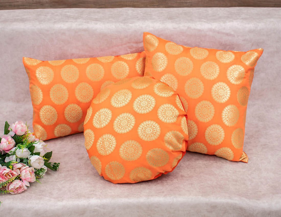 Mandala Brocade Silk Round Cushion Covers (Orange & Golden) - Image 2