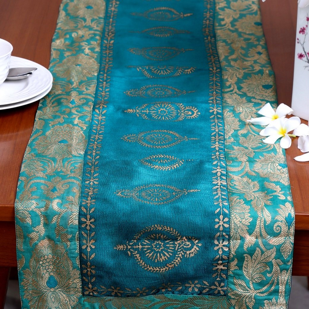 Mughal Banarasi Gardish Block Printed Table Runner - Green - Image 2
