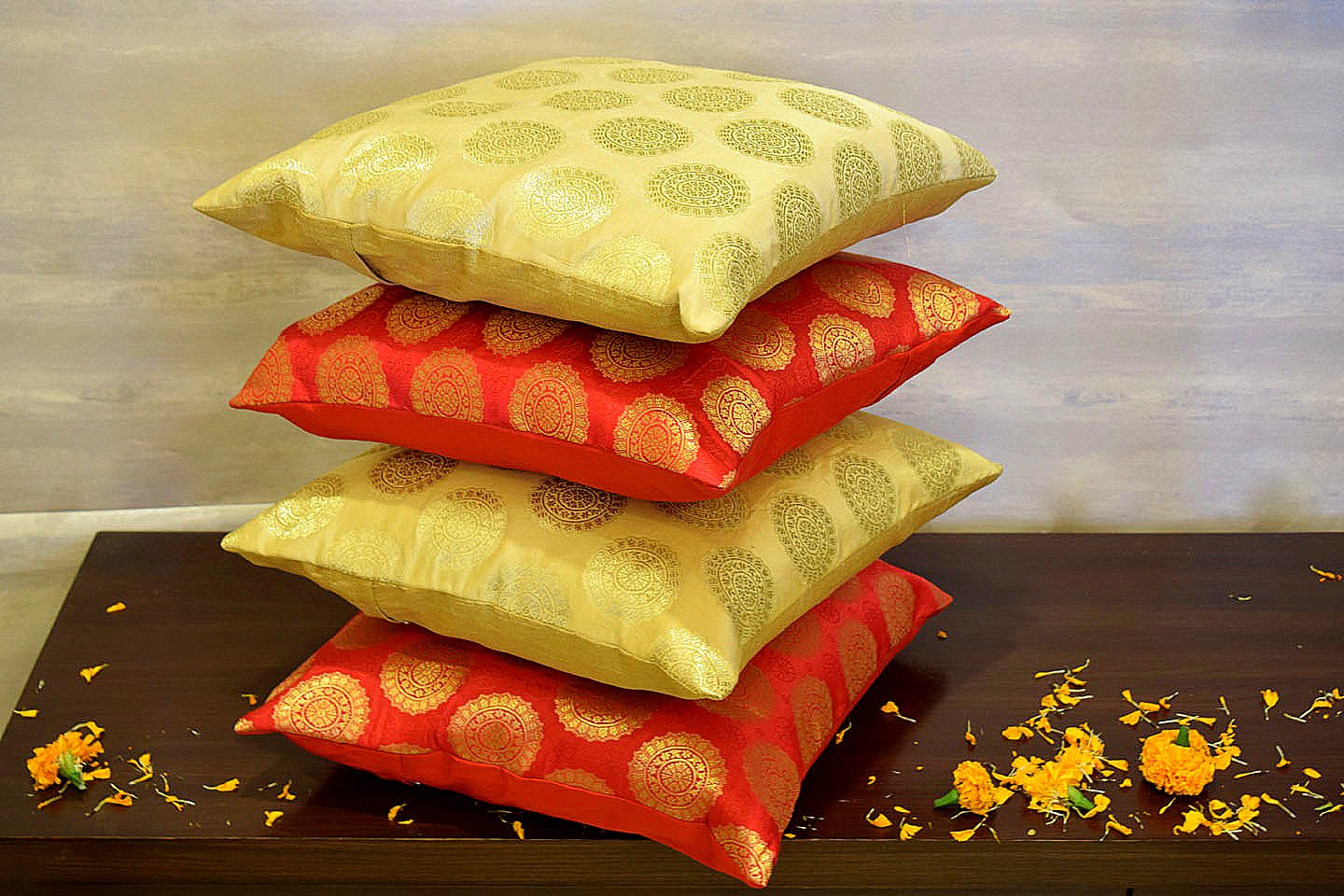 Mandala Brocade Silk Cushion Covers Combo (Red & Beige) - Image 2