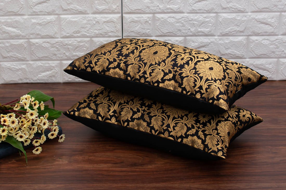 MUGHAL BANARASI Brocade Long Rectangular Cushion Covers (Black & Golden) - Image 2