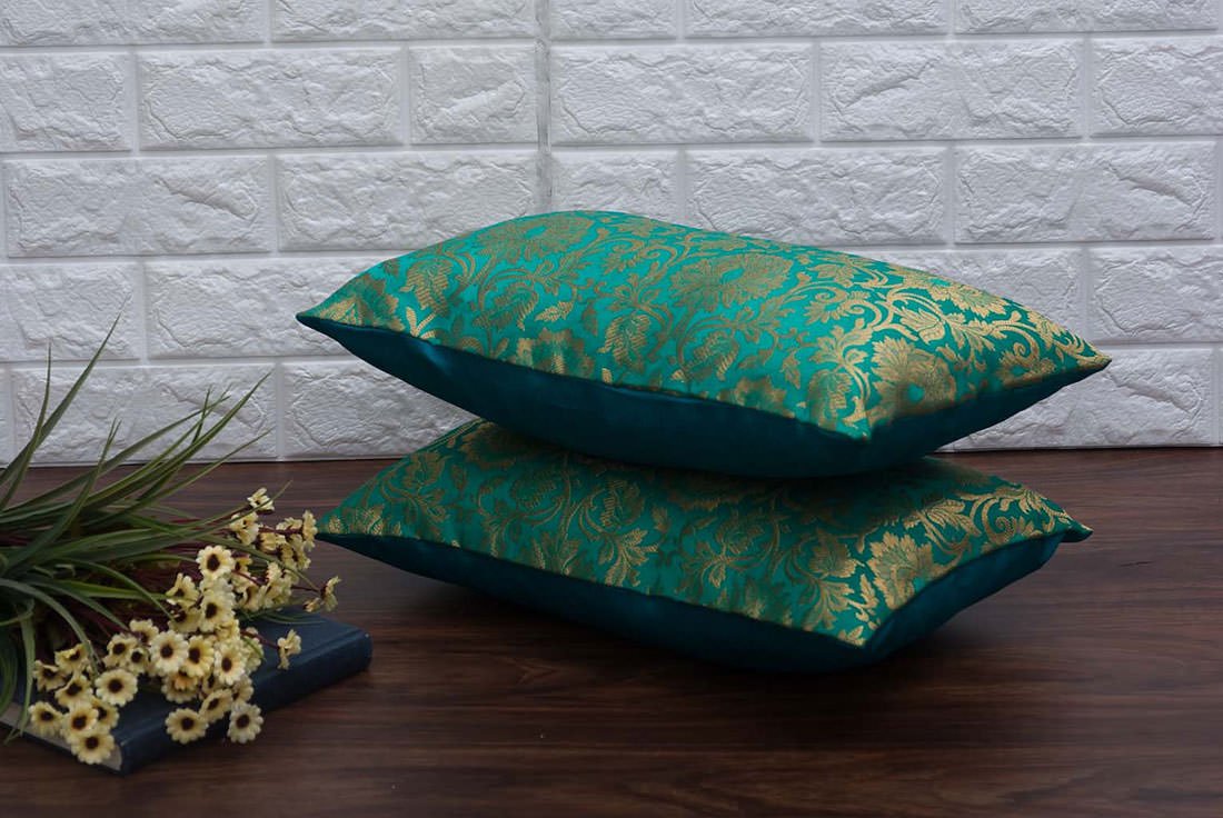 MUGHAL BANARASI Brocade Long Rectangular Cushion Covers (Green & Golden) - Image 2