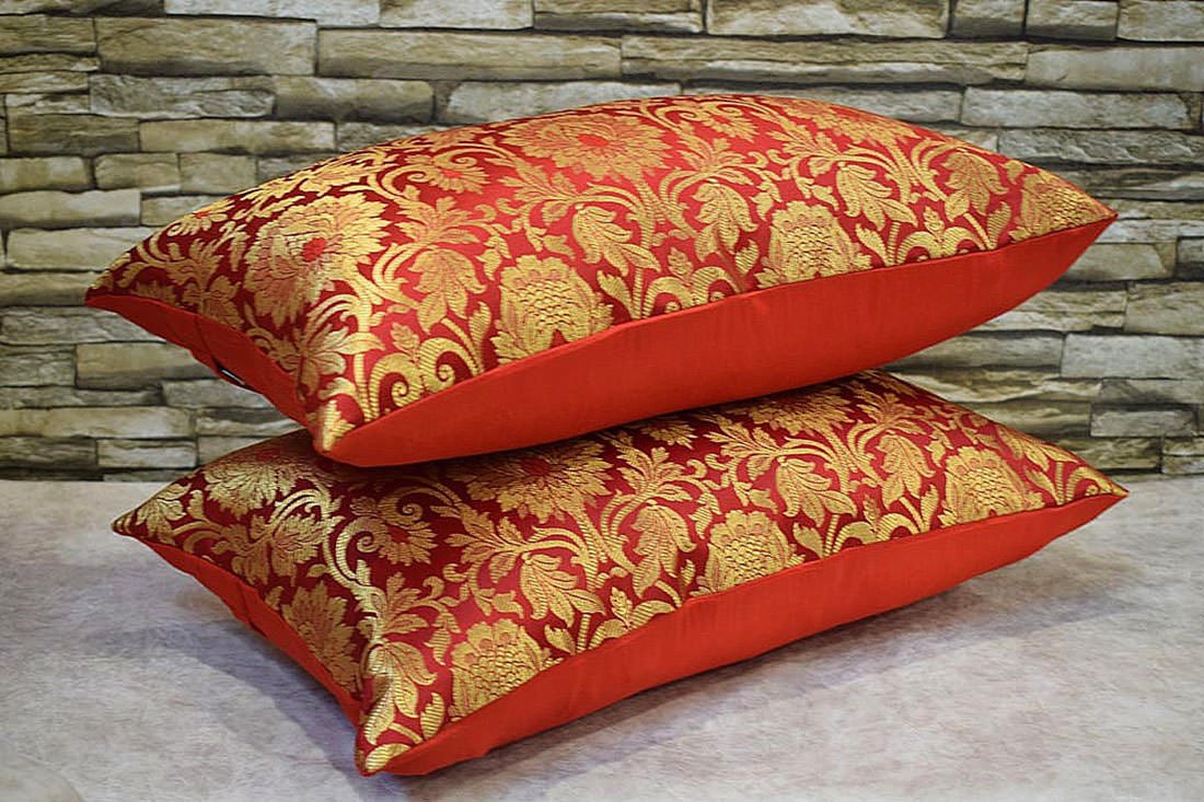 MUGHAL BANARASI Brocade Long Rectangular Cushion Covers (Red & Golden) - Image 2
